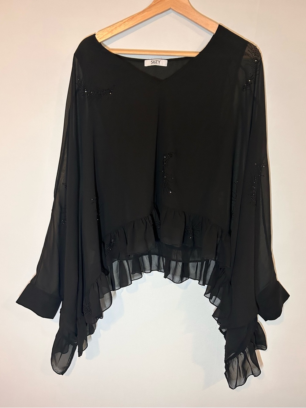Suzy Black Ruffle Hem Sheer Blouse